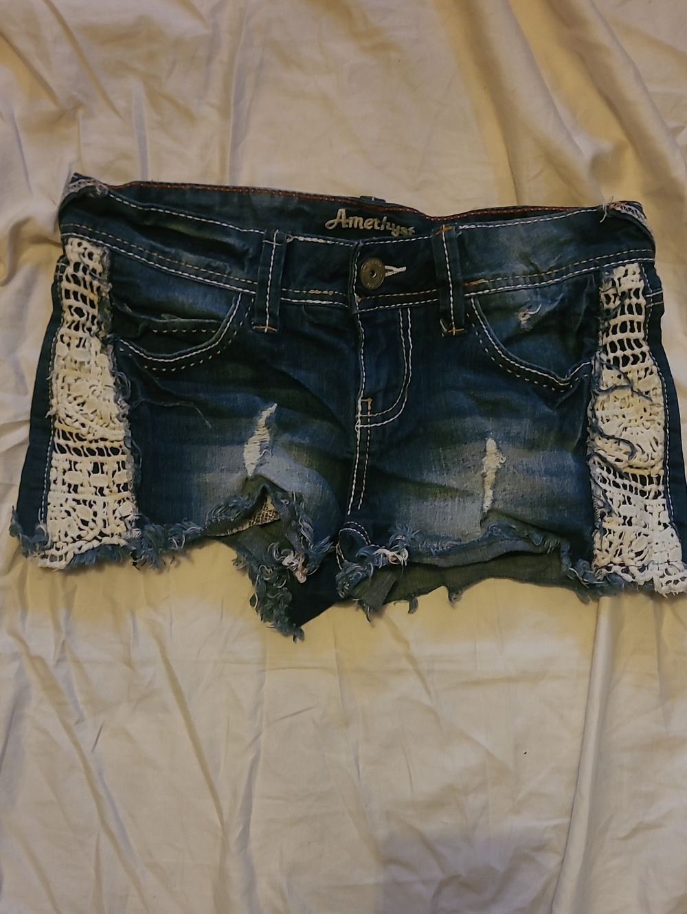 Amethyst Jeans Blue Denim Crochet-Trim Cutoff Shorts